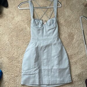 Lace up back linen mini dress in sky grey ohPolly